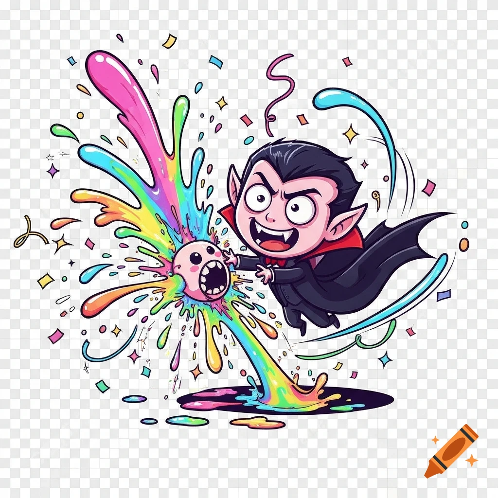 A chibi cartoon vampire bites a small pink head, causing a bright rainbow-colored splash with confetti and sparkles, in a silly comic style.