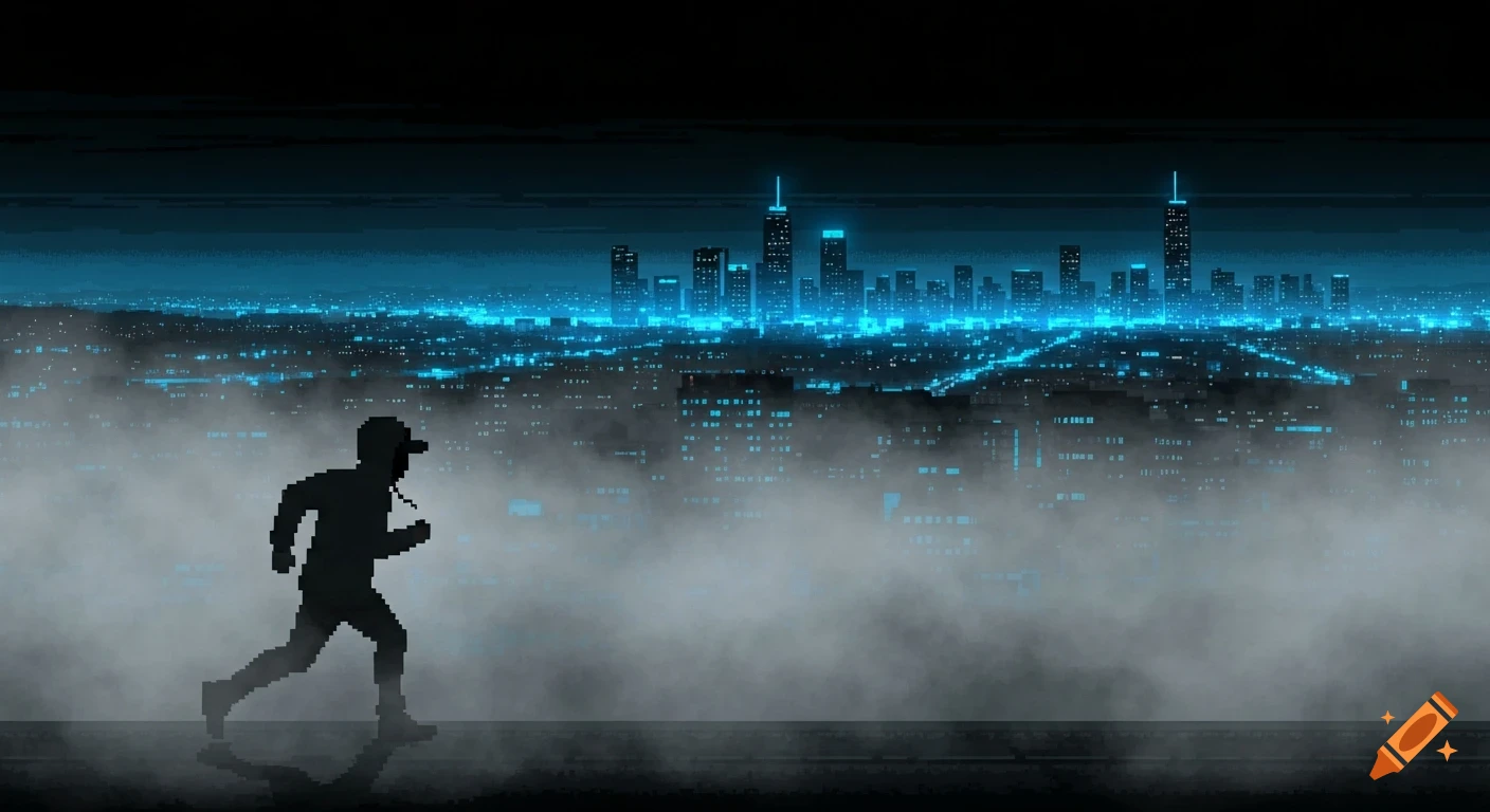 A pixel art silhouette of a person running across a rooftop, overlooking a glowing blue city skyline shrouded in fog at night.