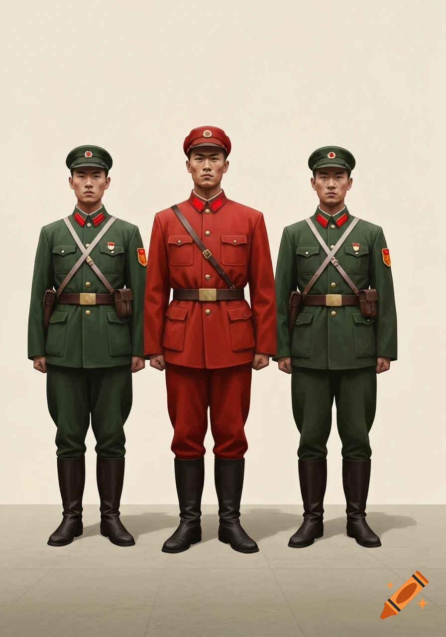Three men stand upright in full military uniform against a plain background. The central figure wears a red uniform, while the two on the sides wear green uniforms.