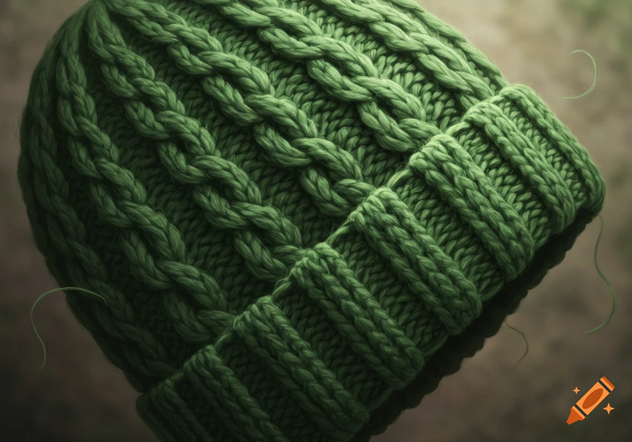 Close-up of a vibrant green knitted beanie featuring detailed cable and ribbing patterns.