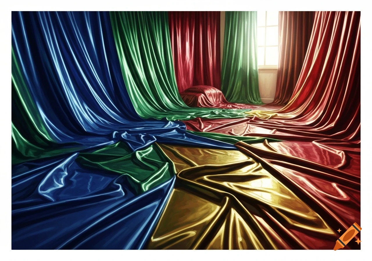 A photorealistic room draped with shiny silk fabrics in blue, green, red, and yellow, covering walls and floor, lit by a window.