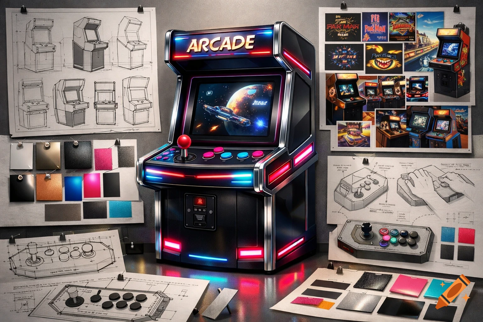 An arcade machine surrounded by design research documents, sketches, and material swatches.