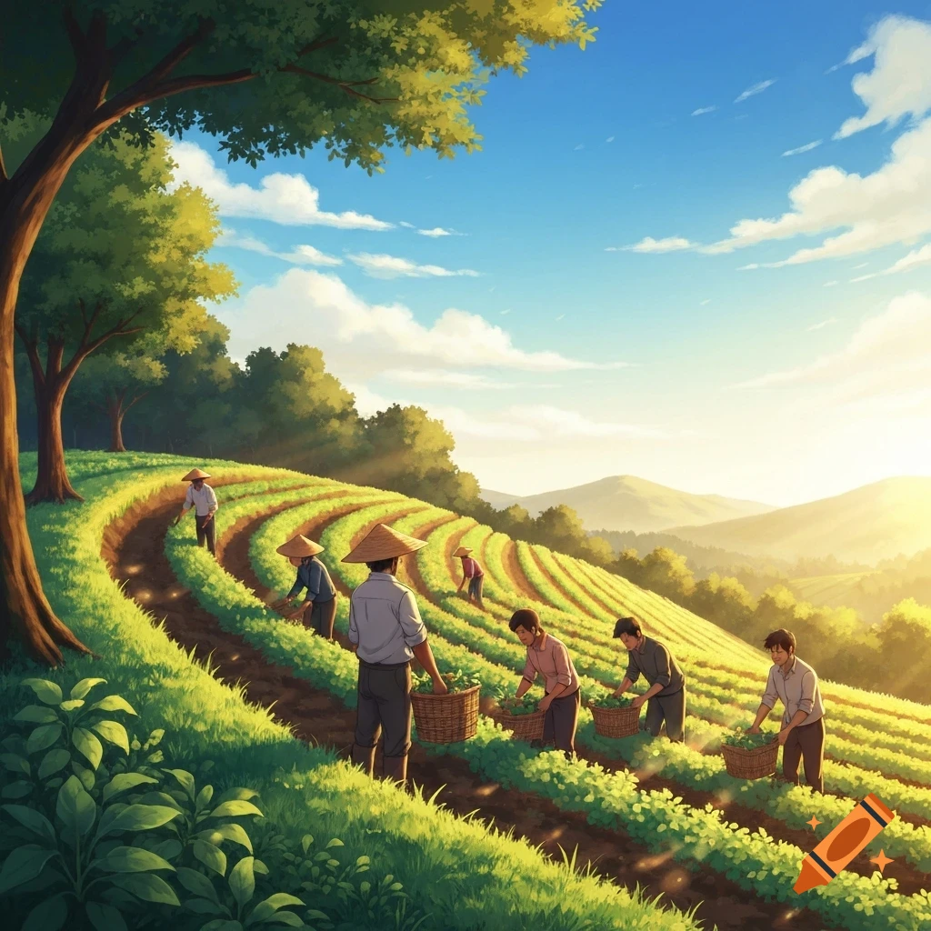 Anime style illustration of farmers in conical hats harvesting crops on terraced fields under a sunny sky.