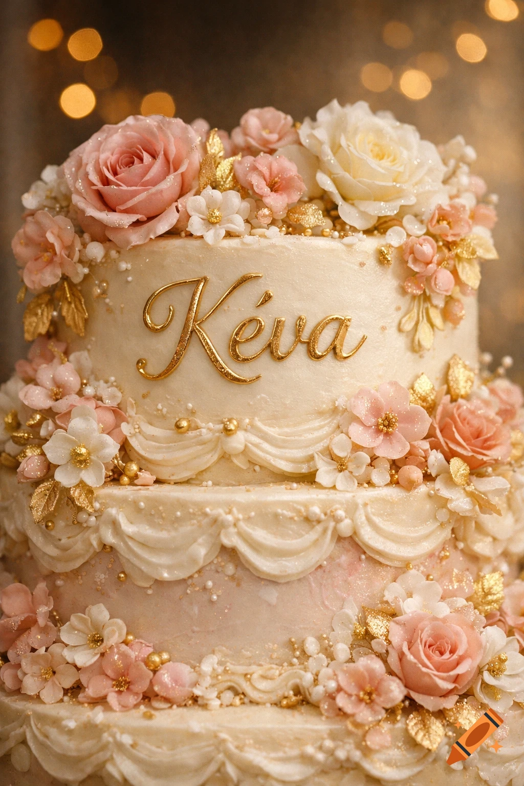 Ornate multi-tiered birthday cake with pink and white roses, gold leaves, and 'Kéva' in gold cursive on a white frosting.