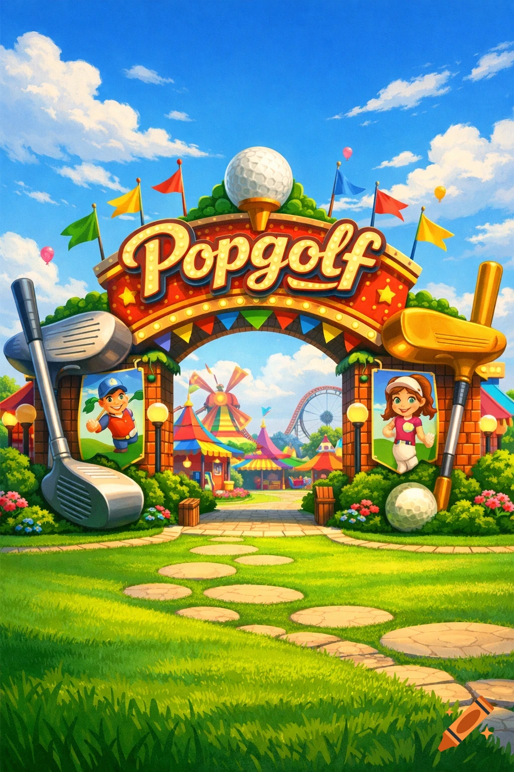 A vibrant cartoon illustration of a Popgolf amusement park entrance, featuring golf clubs, character billboards, and a path.