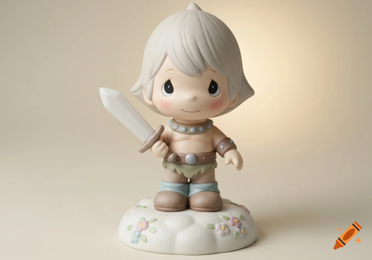 A Precious Moments style figurine of a youthful barbarian holding a white sword, standing on a cloud-like base with flowers.
