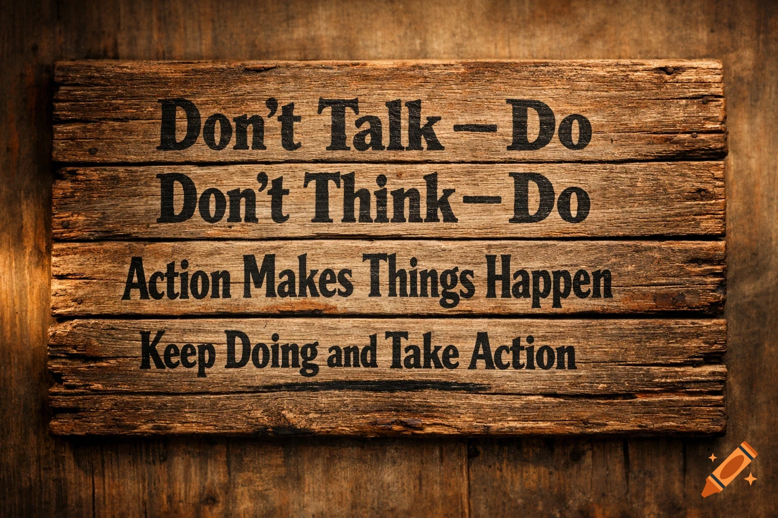 A photorealistic wooden sign with motivational text about taking action.