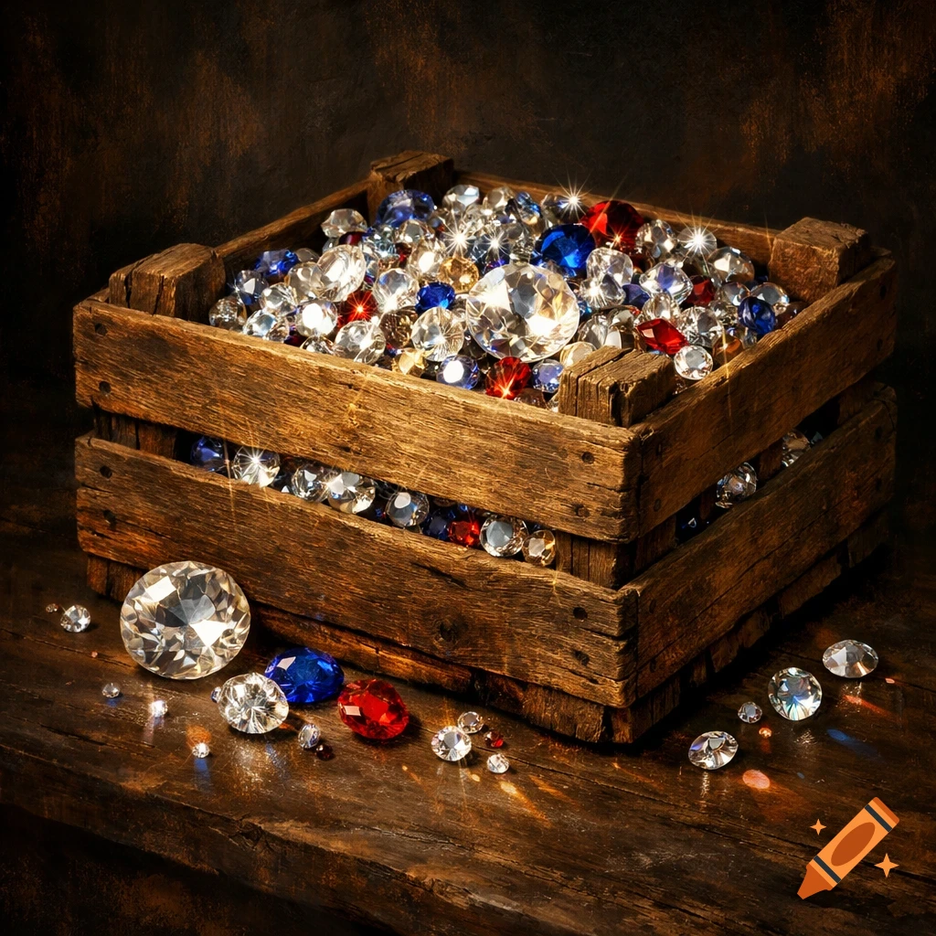 Rustic wooden crate overflowing with sparkling clear, red, and blue gemstones on a dark wooden surface, photorealistic.
