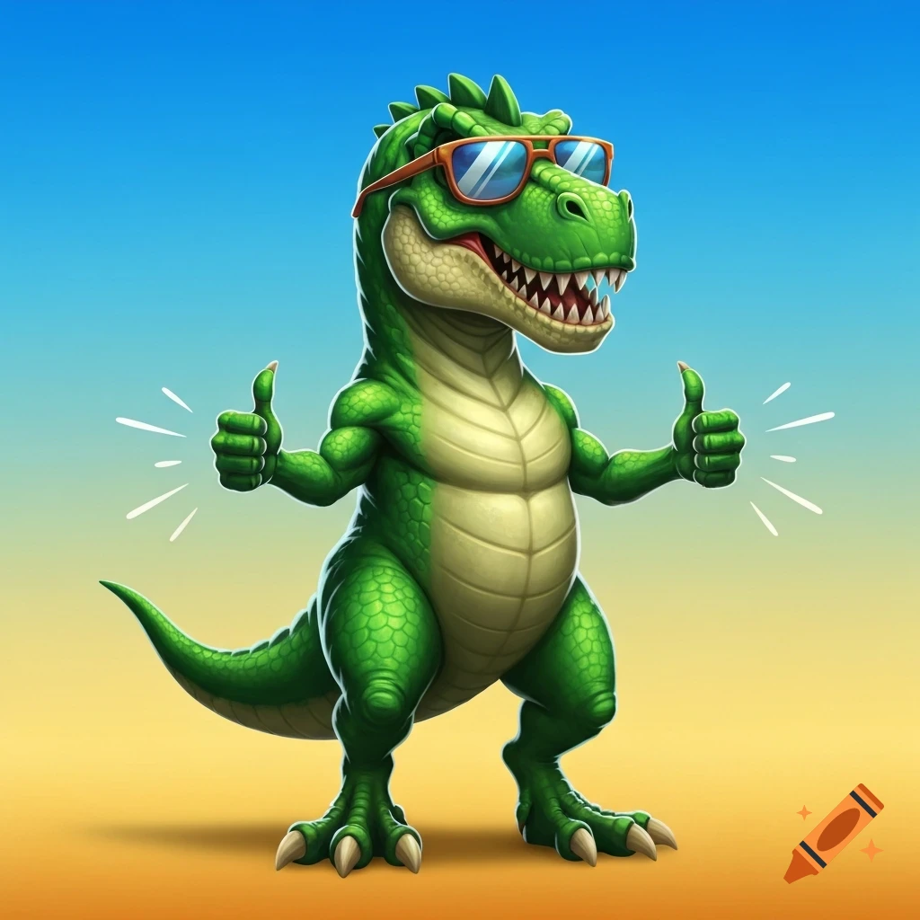 A cool green cartoon T-Rex wearing sunglasses gives two thumbs up against a blue and yellow gradient background.