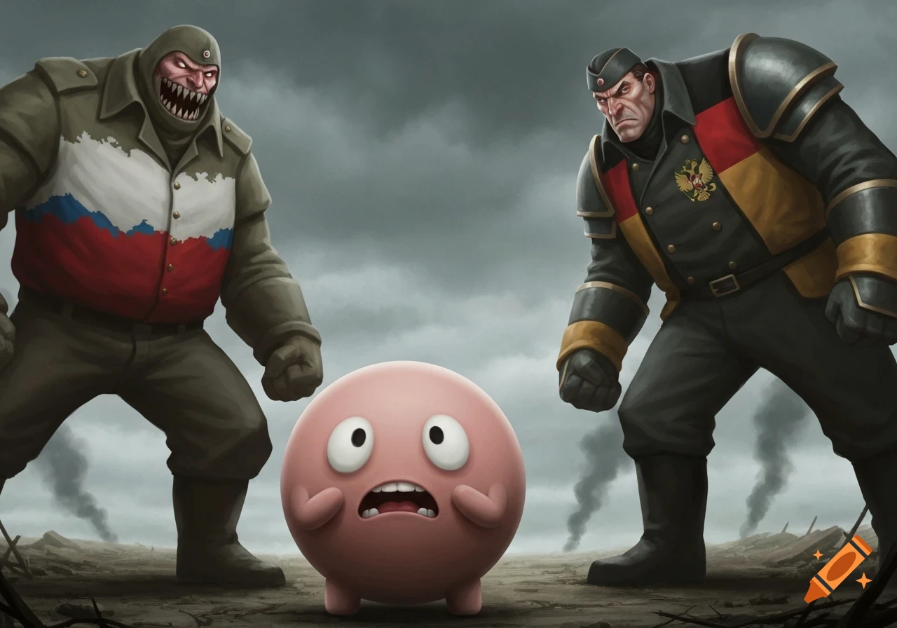 A scared pink Countryball resembling Poland stands between a monstrous soldier with a Russian flag and an aggressive soldier with German colors and a Russian emblem, in a stylized war-torn landscape.
