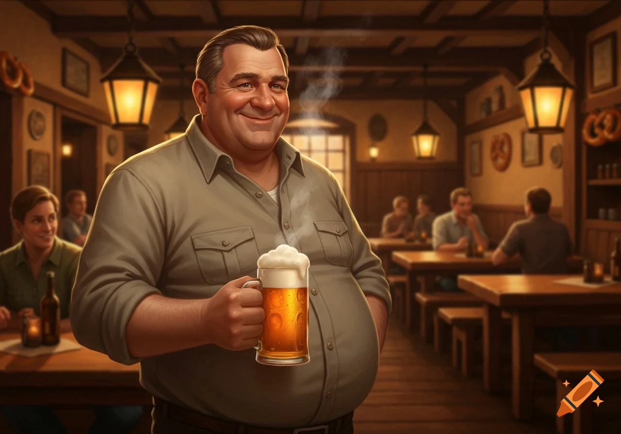 A smiling, portly man in a casual shirt holds a steaming mug of beer in a rustic, dimly lit pub with other patrons.