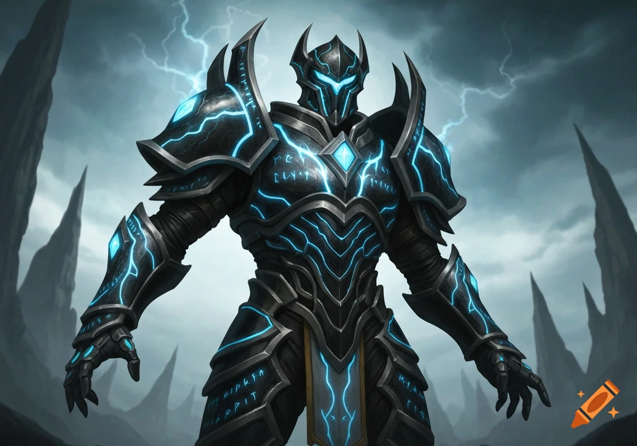 A stylized black and blue futuristic or fantasy armor, glowing with electric blue lines and runes, stands against a stormy, lightning-filled sky with dark rock spires.