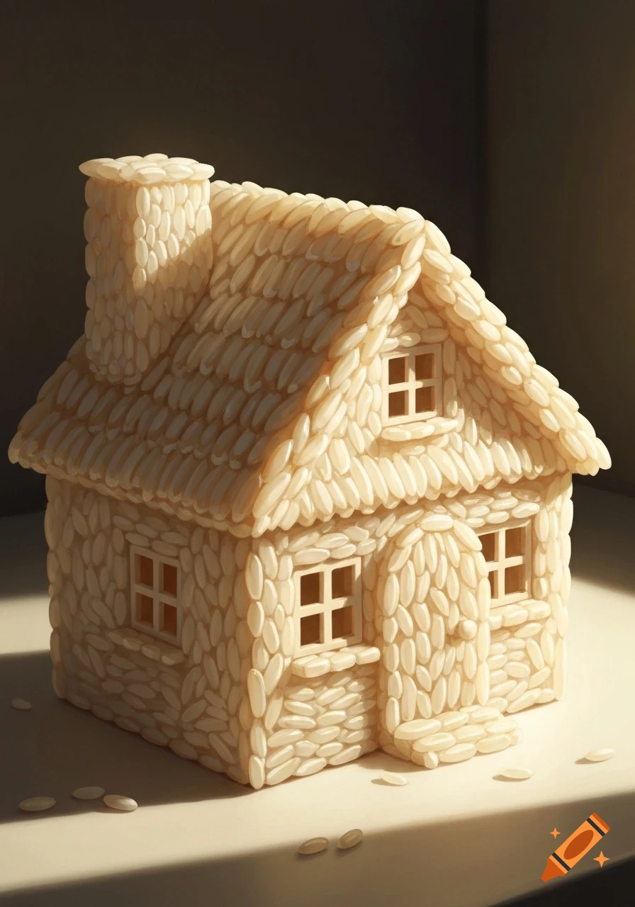 A detailed miniature house, complete with a chimney and windows, meticulously crafted from individual grains of rice, illuminated by warm light.