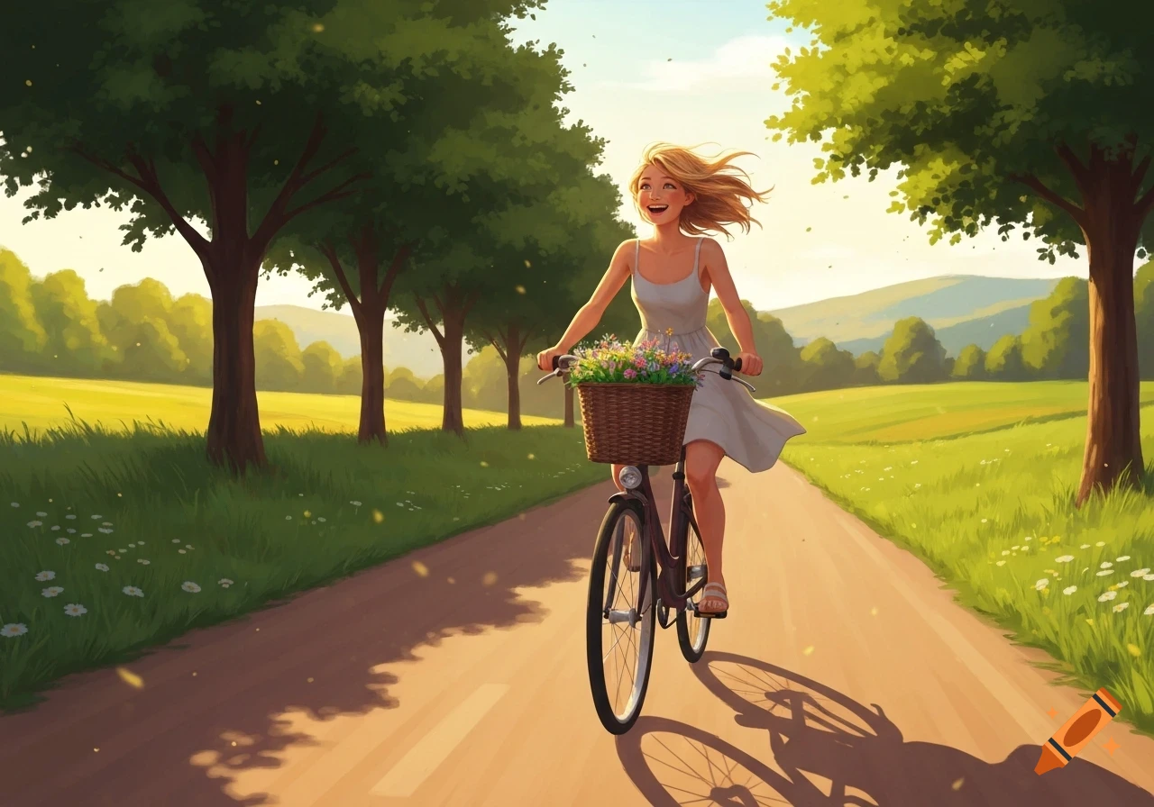 A young woman rides a bicycle down a sunny path lined with trees and fields in a cheerful, painterly style.