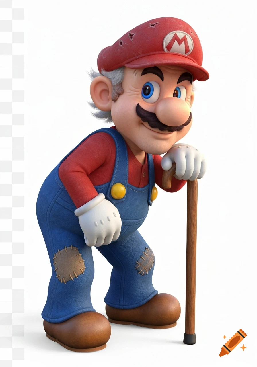 A 3D rendering of an elderly Super Mario, slightly hunched, with gray hair and a mustache, leaning on a cane, on a white background.