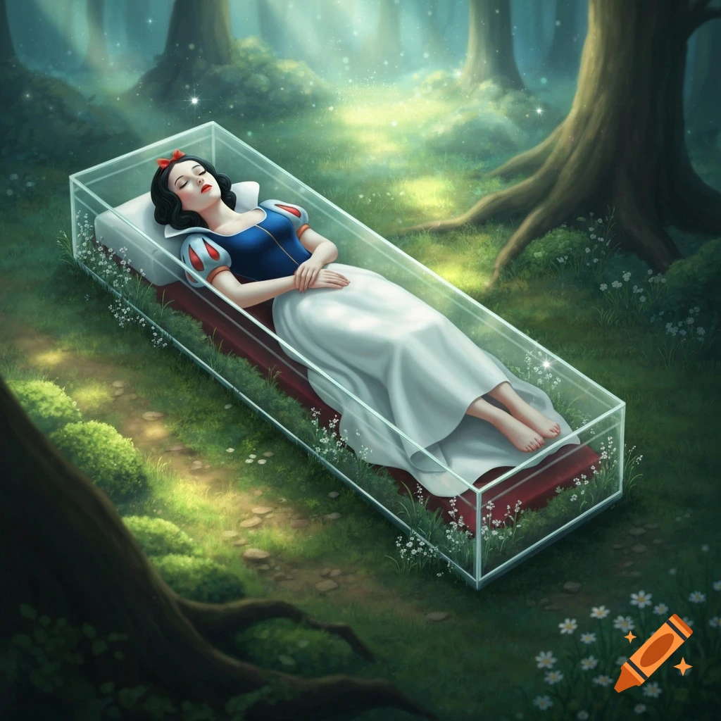 Snow White sleeps peacefully in a clear glass coffin amidst a glowing, enchanted forest.