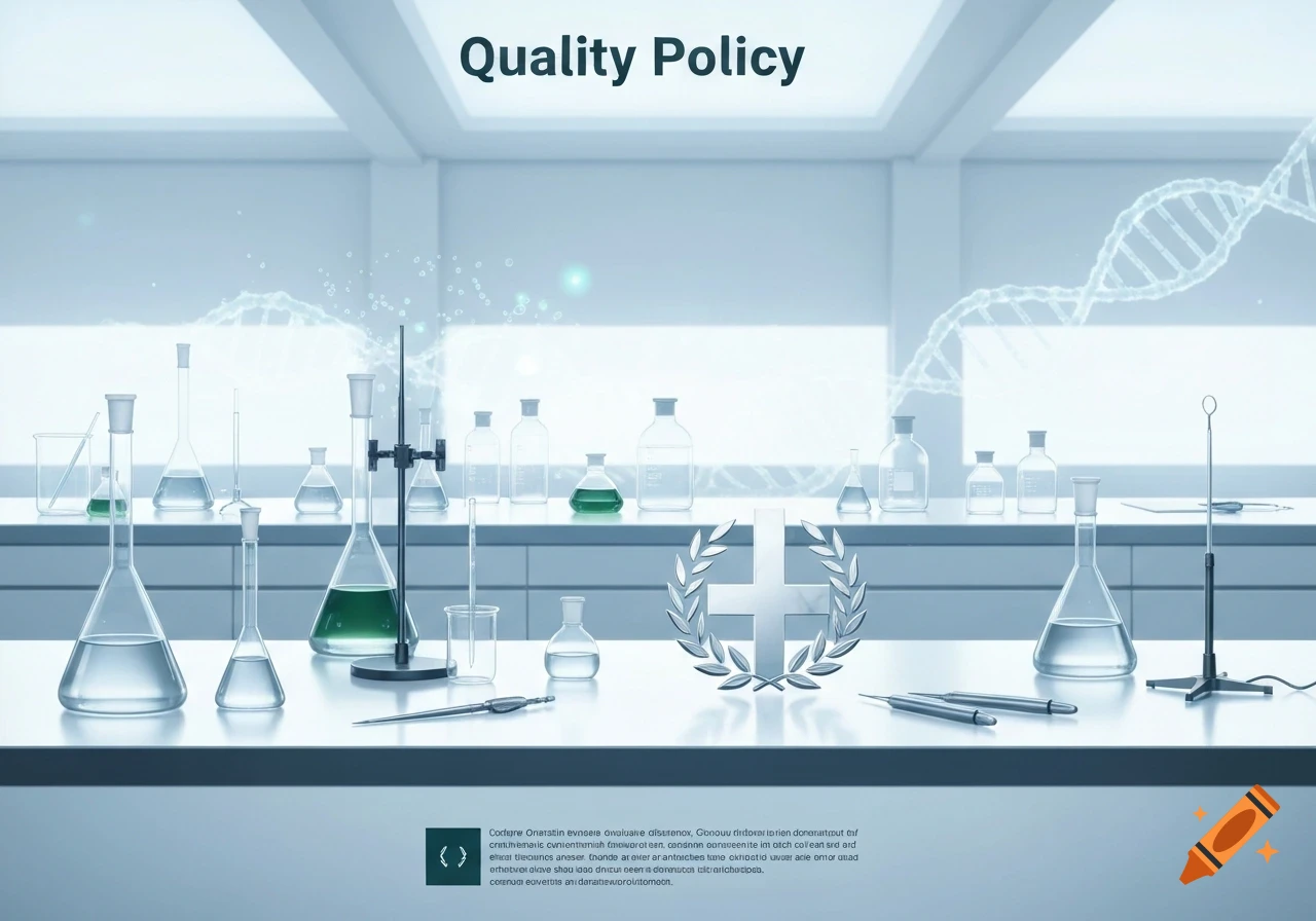 A clean, modern laboratory setting with various beakers, flasks, and scientific equipment on a white counter. A large text "Quality Policy" floats above the scene, and faint DNA strands are visible in the background, with an emblem featuring a cross surrounded by a wreath on the counter.
