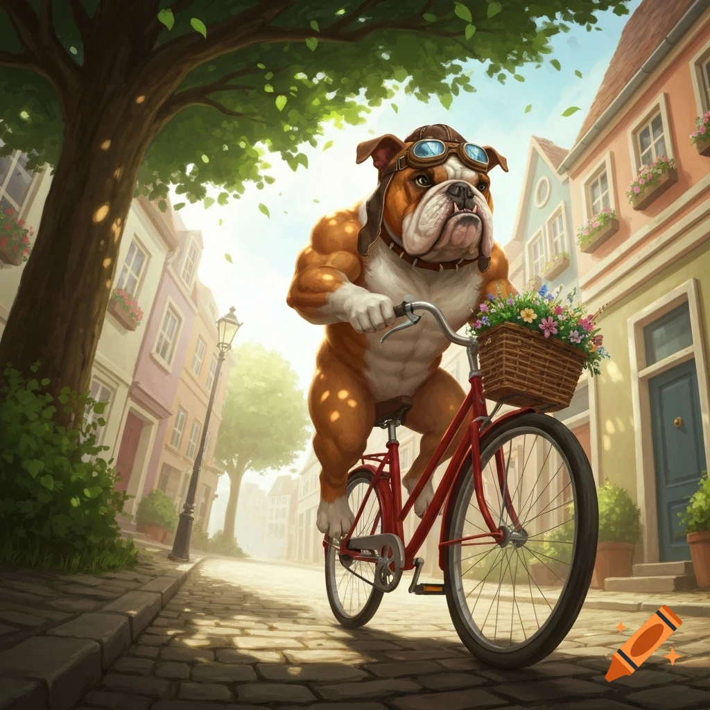 A muscular bulldog with pilot goggles and cap rides a red bicycle with a flower basket down a sunny cobblestone street.