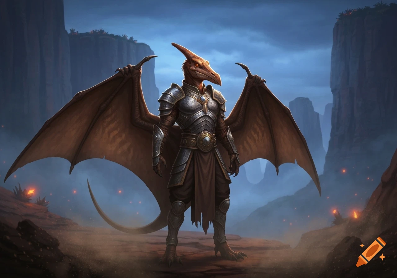 An anthropomorphic pterodactyl man in detailed silver armor stands in a misty, rocky canyon landscape at dusk, in a fantasy art style.