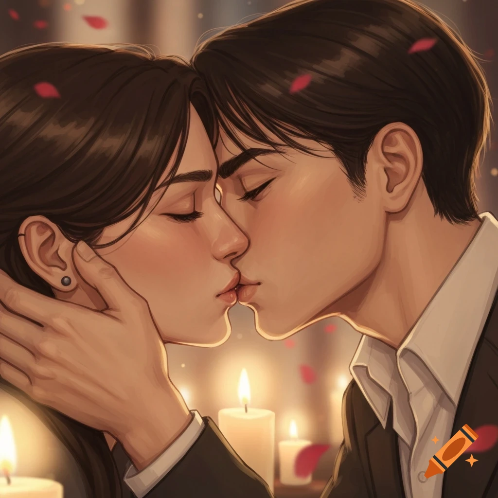 Stylized illustration of a couple kissing intimately by candlelight with falling rose petals.