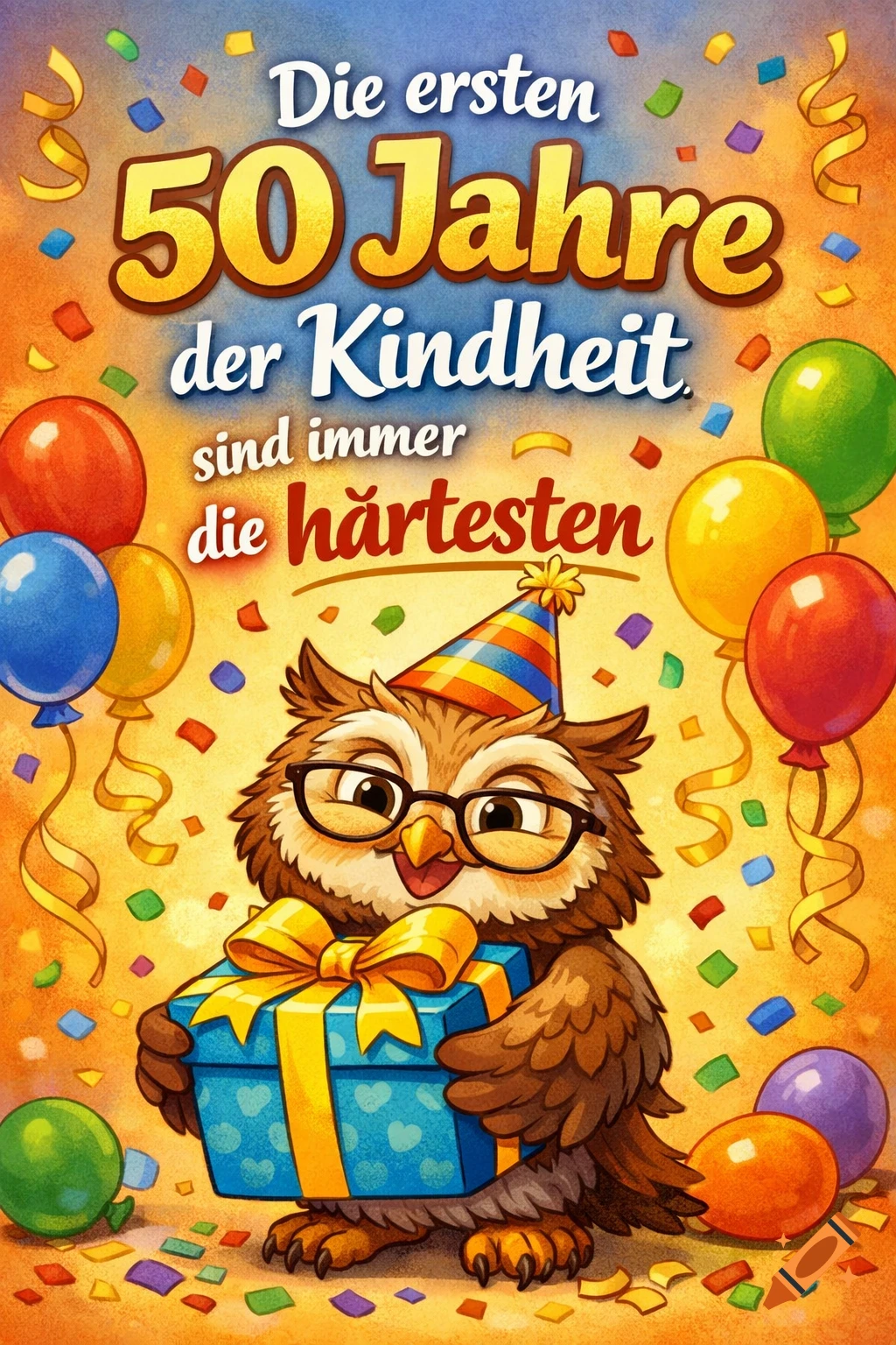 A cartoon owl in a party hat holds a gift box, surrounded by colorful balloons and confetti, with German text for a 50th birthday.