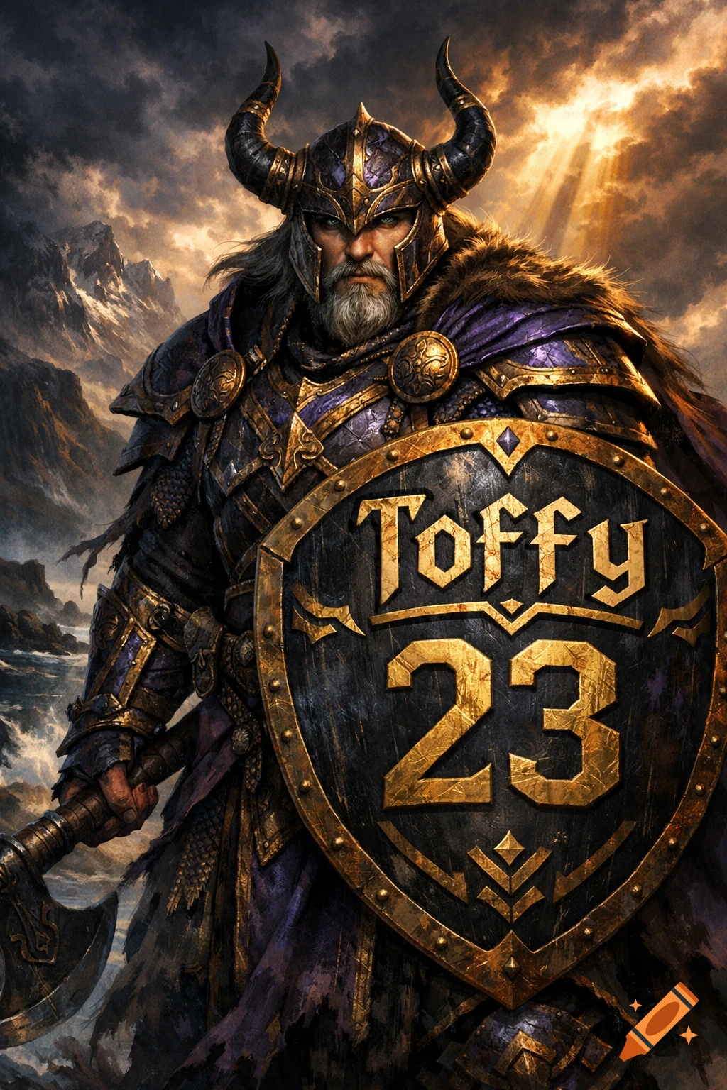 A majestic Viking warrior in purple, gold, and black armor with a horned helmet, holding an axe and a shield emblazoned with "Toffy 23", against a dramatic mountainous background with sun rays.