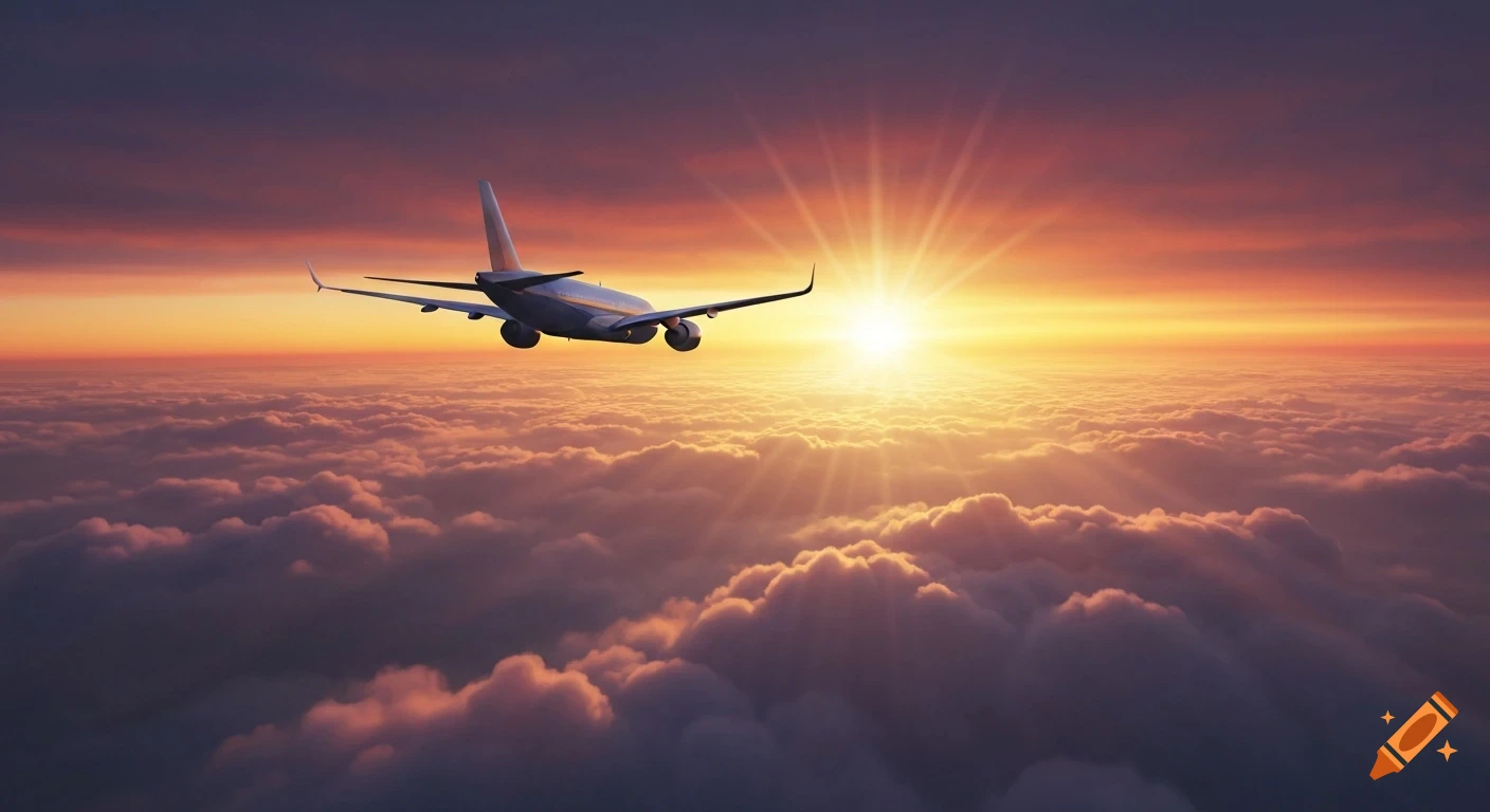 A photorealistic image of an airplane flying above a sea of clouds during a vibrant sunset.