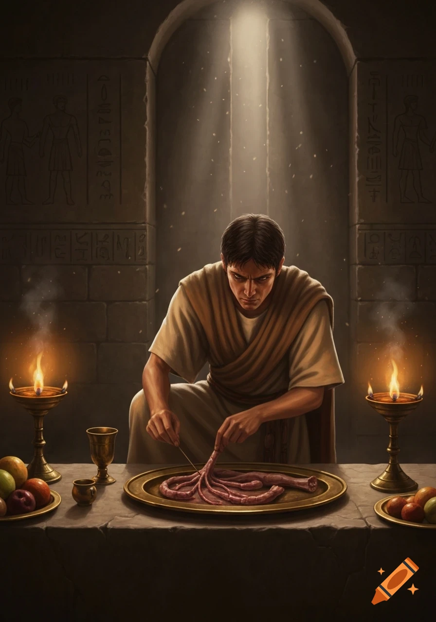 A man in ancient robes performs a ritual, inspecting animal entrails on a golden plate in a dimly lit, hieroglyph-carved stone chamber with torchlight.
