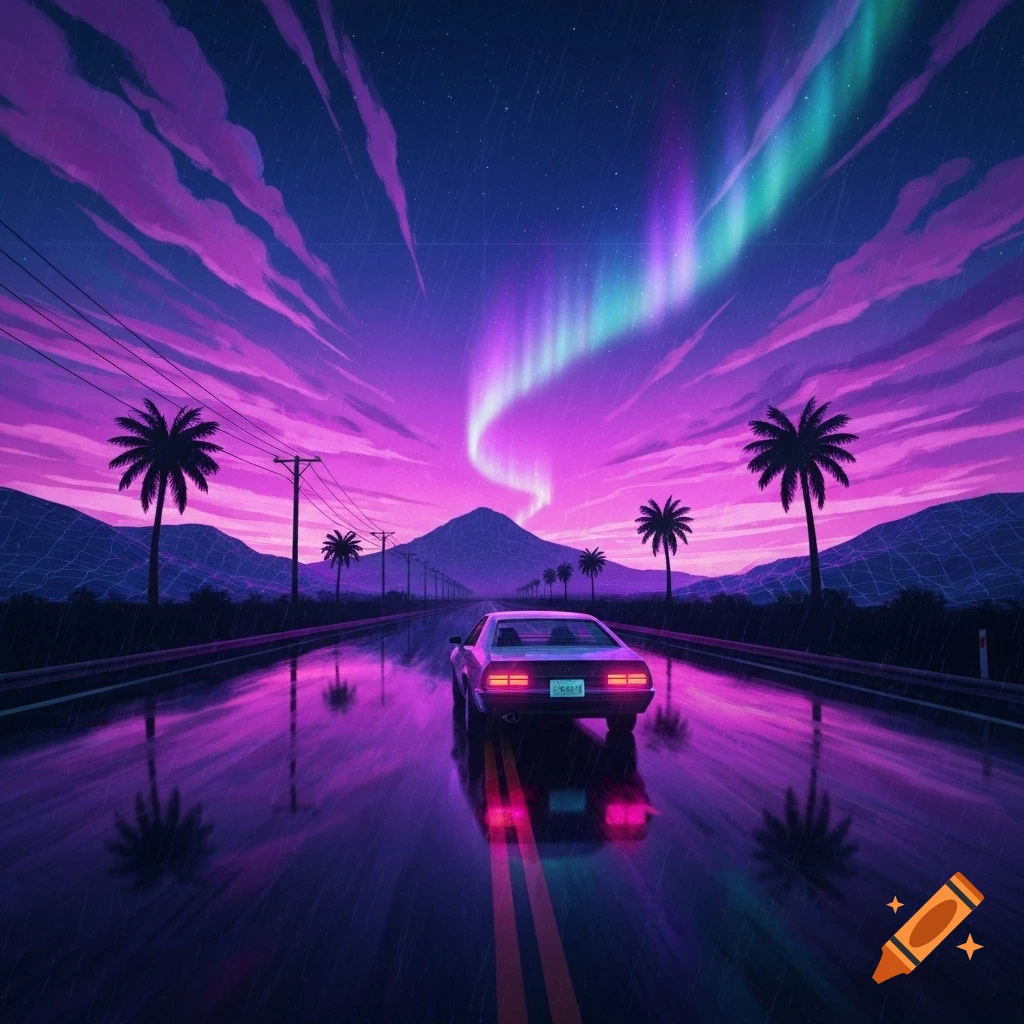 A synthwave image of a lone car driving on a wet road at night, under a vibrant purple sky with a colorful aurora, palm trees, and mountains.
