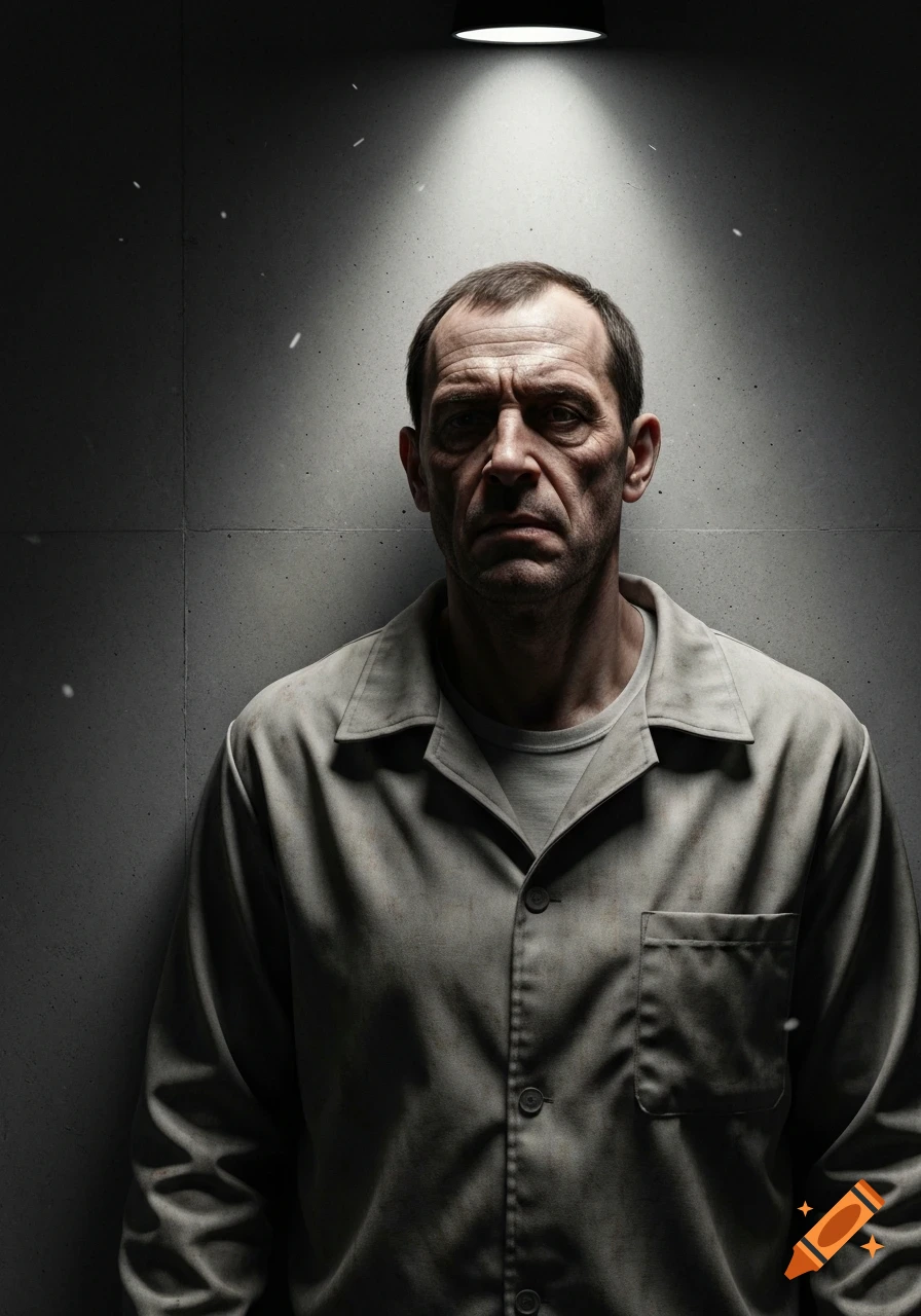 A stern man in a drab uniform stands under a bright spotlight against a concrete wall.