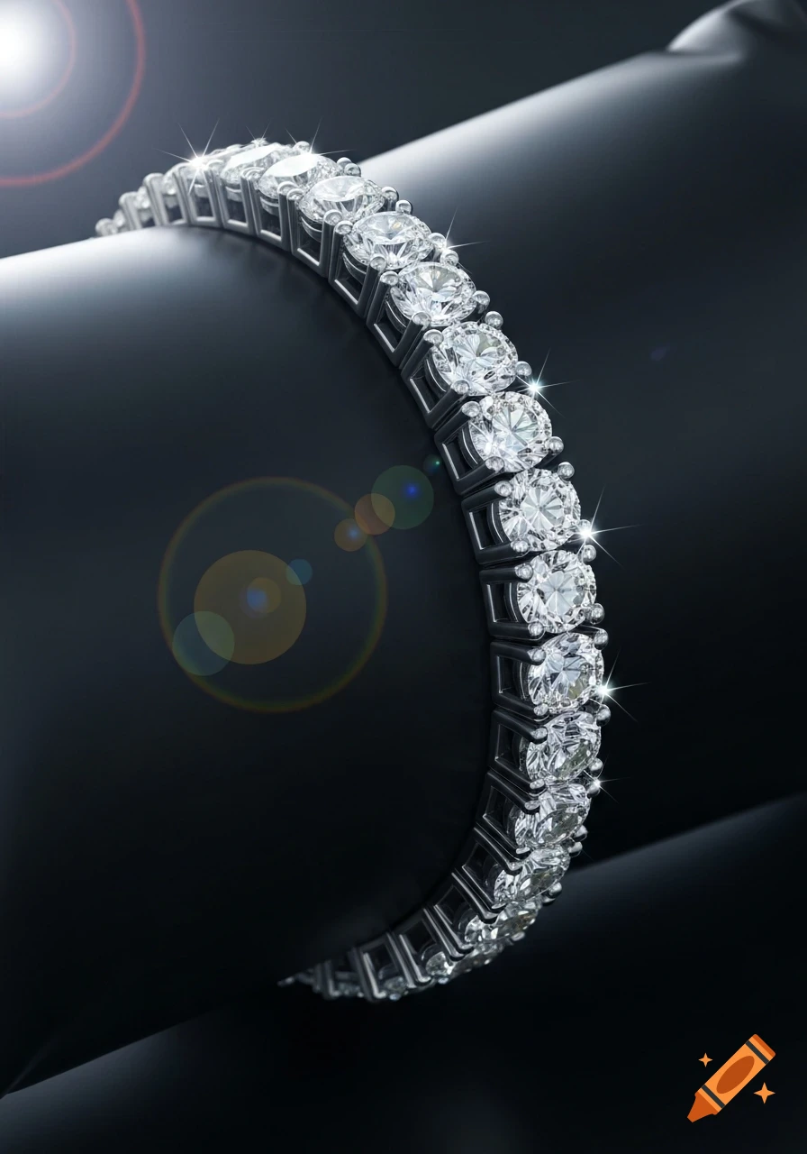 A sparkling diamond tennis bracelet on a dark, reflective surface with lens flares.
