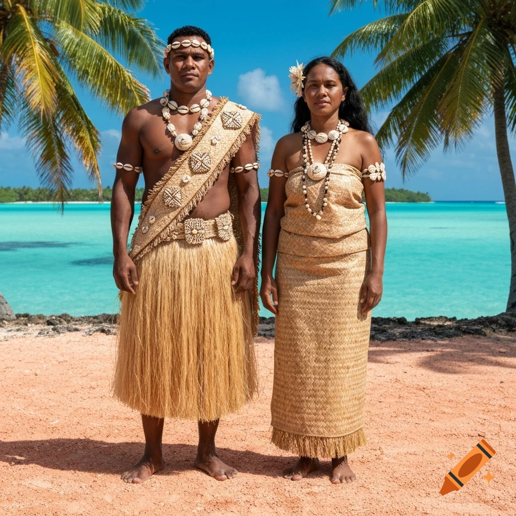 Photorealistic image of a Micronesian man and woman in traditional shell and woven clothing on a tropical beach with turquoise water.