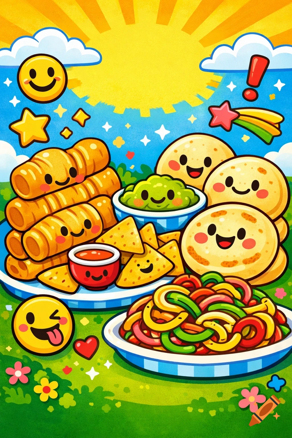 A colorful, cartoon-style kids cookbook cover featuring smiling tequeños, chips, guacamole, arepas, and pasta on a sunny day.