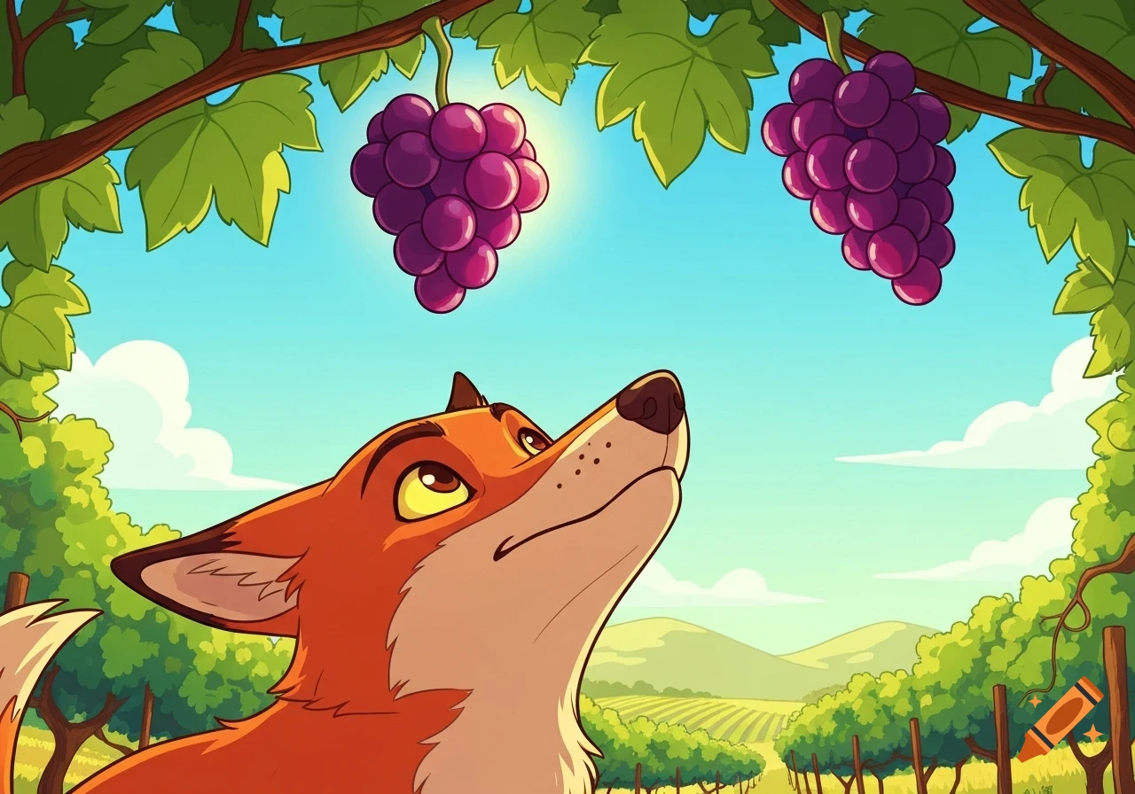 A bright cartoon fox looks up at purple grapes hanging from a vine in a sunny vineyard.