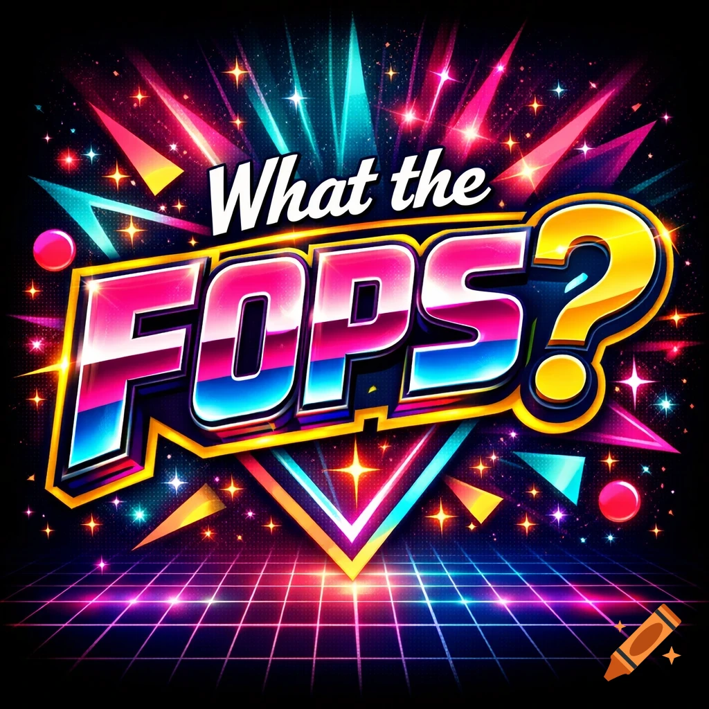 Colorful 80s retro game show logo for 'What the FOPS?' with neon lights and geometric shapes.