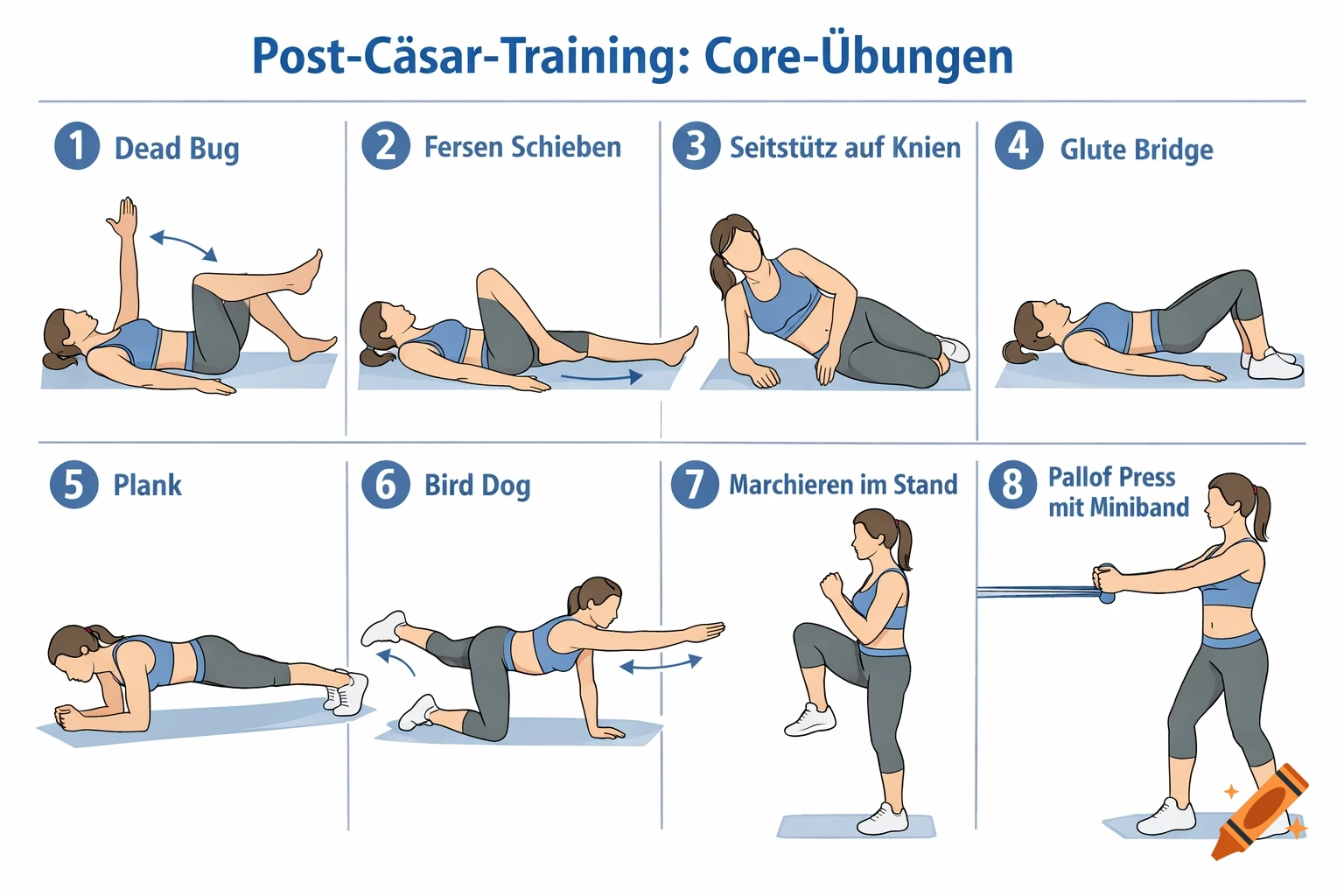 Stylized illustration of 8 post-Caesarean core exercises, including Dead Bug, Plank, and Glute Bridge, with German labels.