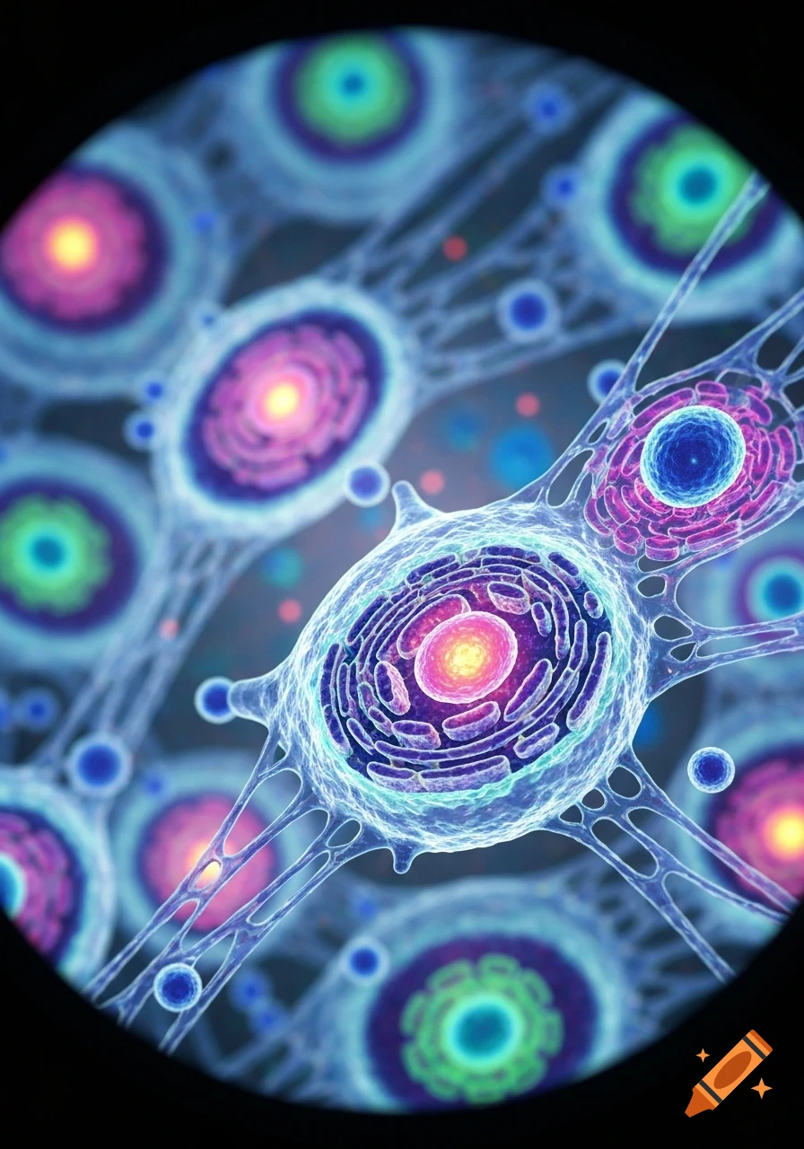 A vibrant, stylized microscopic view of interconnected human cells with glowing nuclei against a dark background.