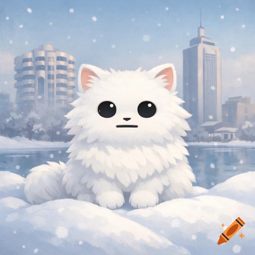 A fluffy white cartoon cat with black eyes and a flat line mouth sits in a snowy city landscape with buildings in the background.
