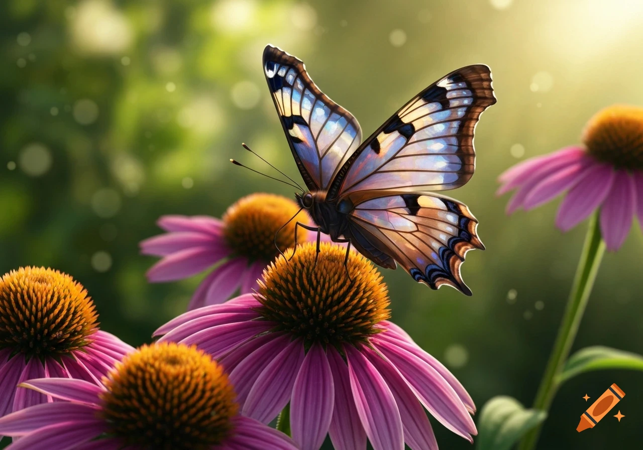 A detailed stained glass style butterfly with blue and brown wings rests on a pink coneflower in a sunlit garden.