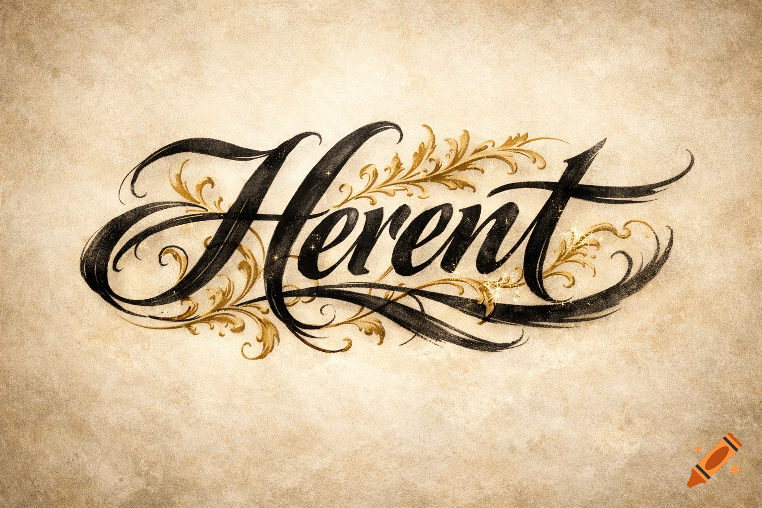 Ornate black calligraphy spelling 'Herent' with gold leaf accents on a parchment-textured background.