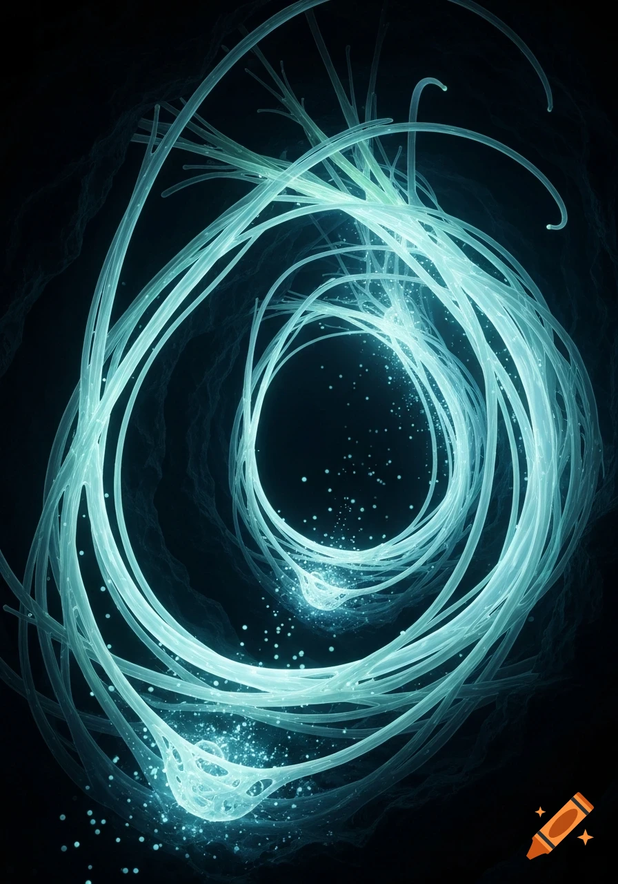 Abstract glowing blue-green organic tube-like structures with sparkling particles against a dark background.