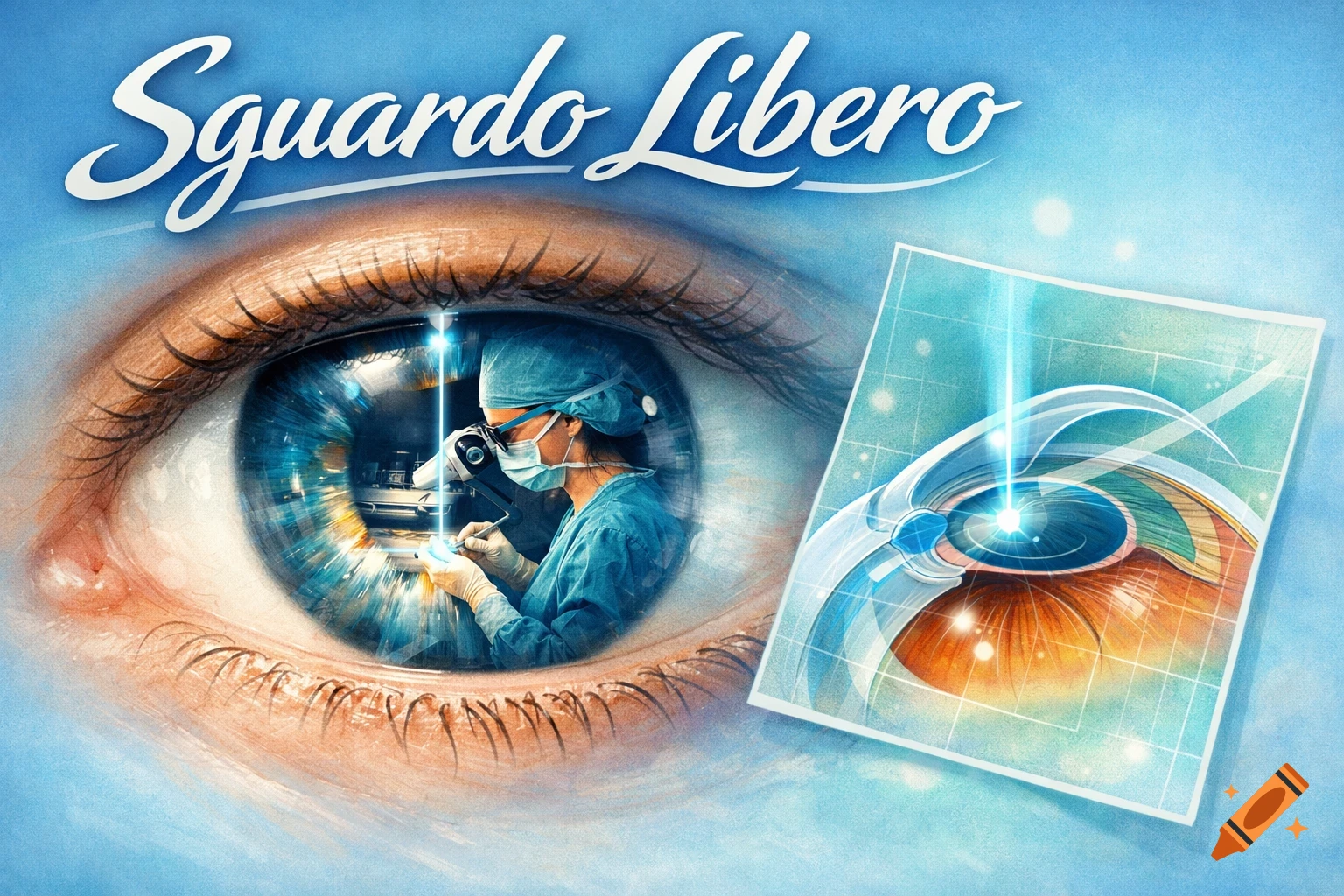 A large human eye with a surgeon performing laser eye surgery reflected in its pupil, and an eye diagram on the right. Text 'Sguardo Libero' appears above on a blue background. Digital art.