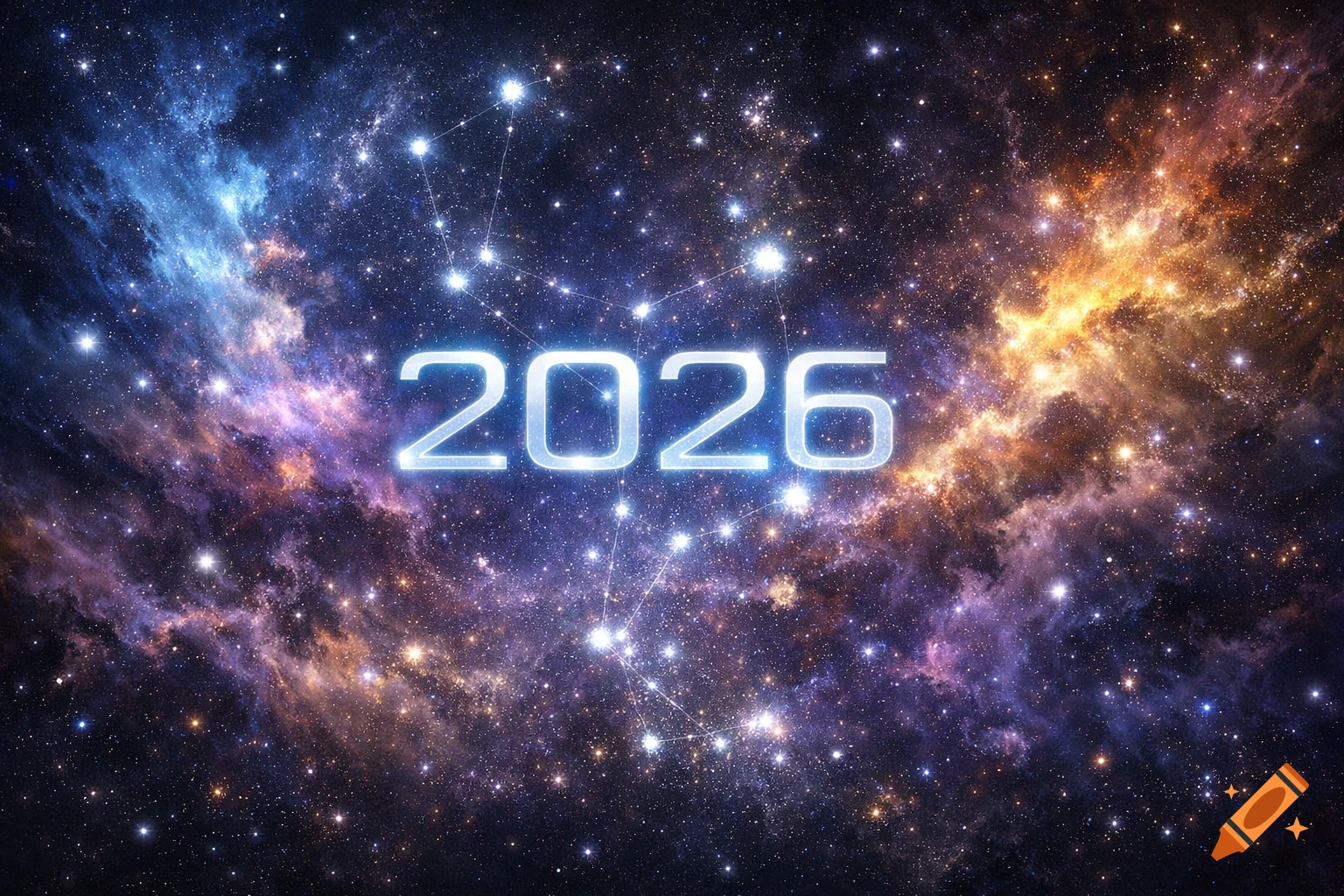 Glowing "2026" against a backdrop of colorful nebulae and constellations in deep space.