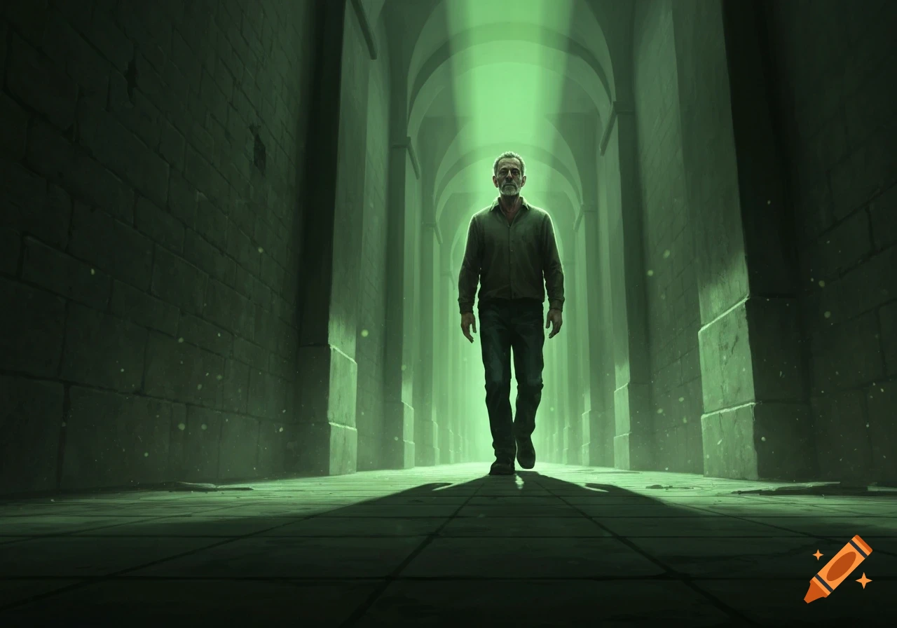 A man walks down a long, dark corridor with arched ceilings, illuminated by an eerie green light from the far end.
