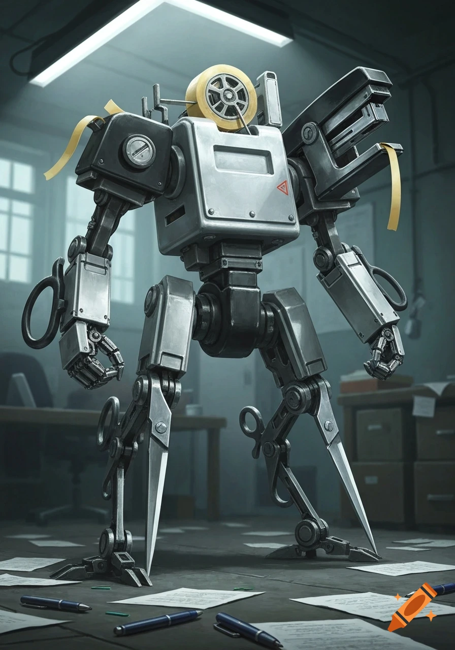 Robot Using Stapler A detailed mech robot constructed from office supplies like a tape ...
