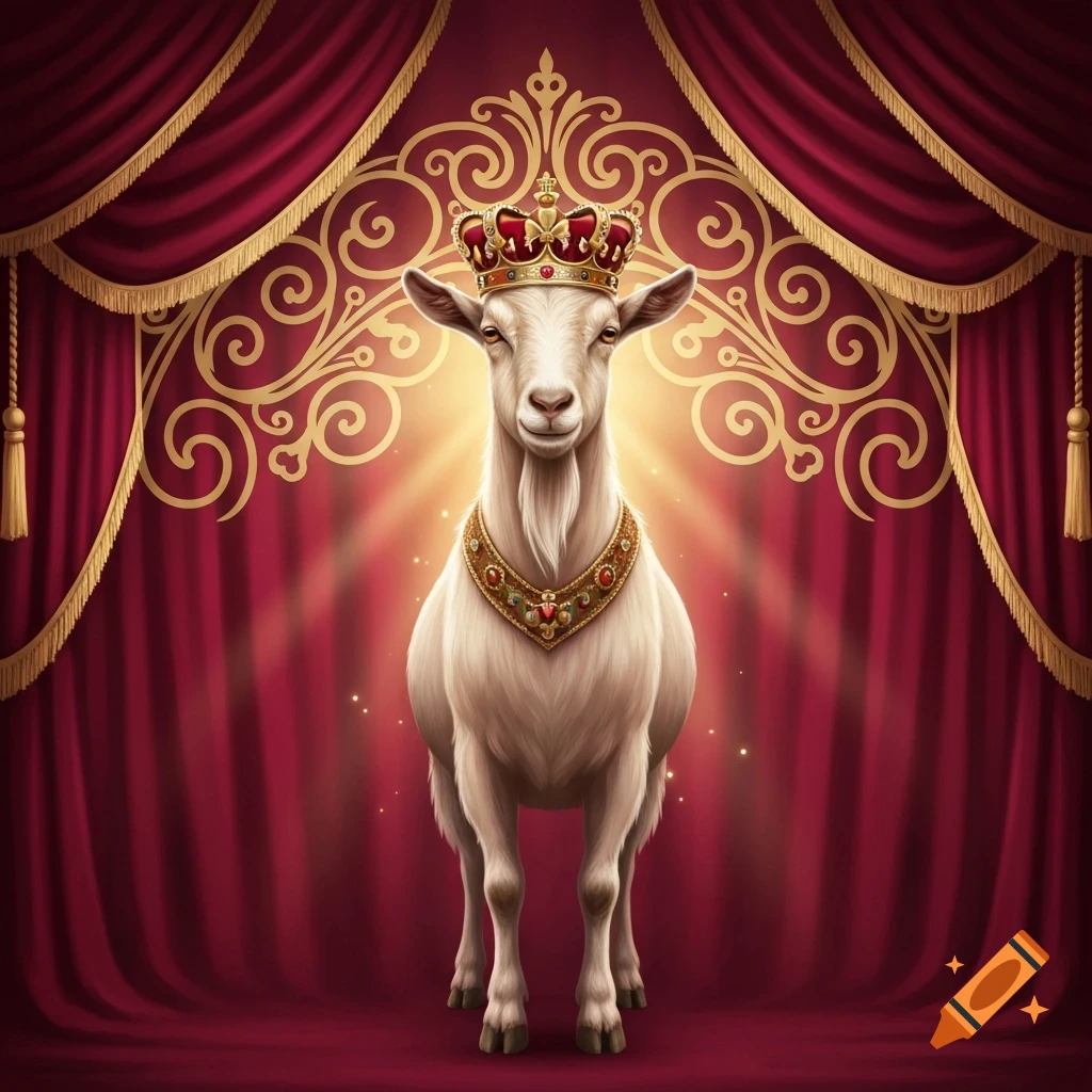 A regal white goat wearing a gold crown and necklace stands on a red carpet stage, framed by red velvet curtains with golden accents and glowing light.
