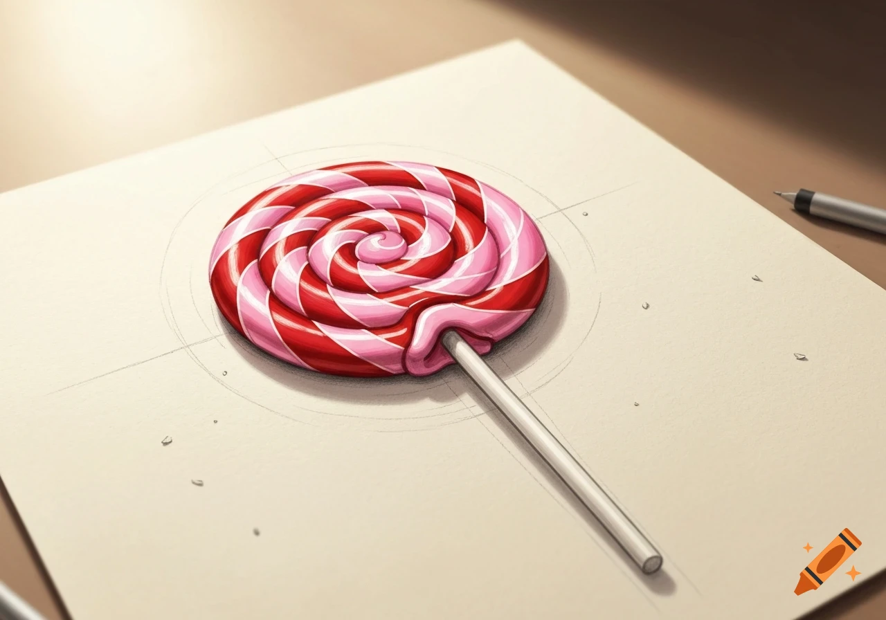 A realistic drawing of a red and pink swirl lollipop on a piece of paper with a pencil.