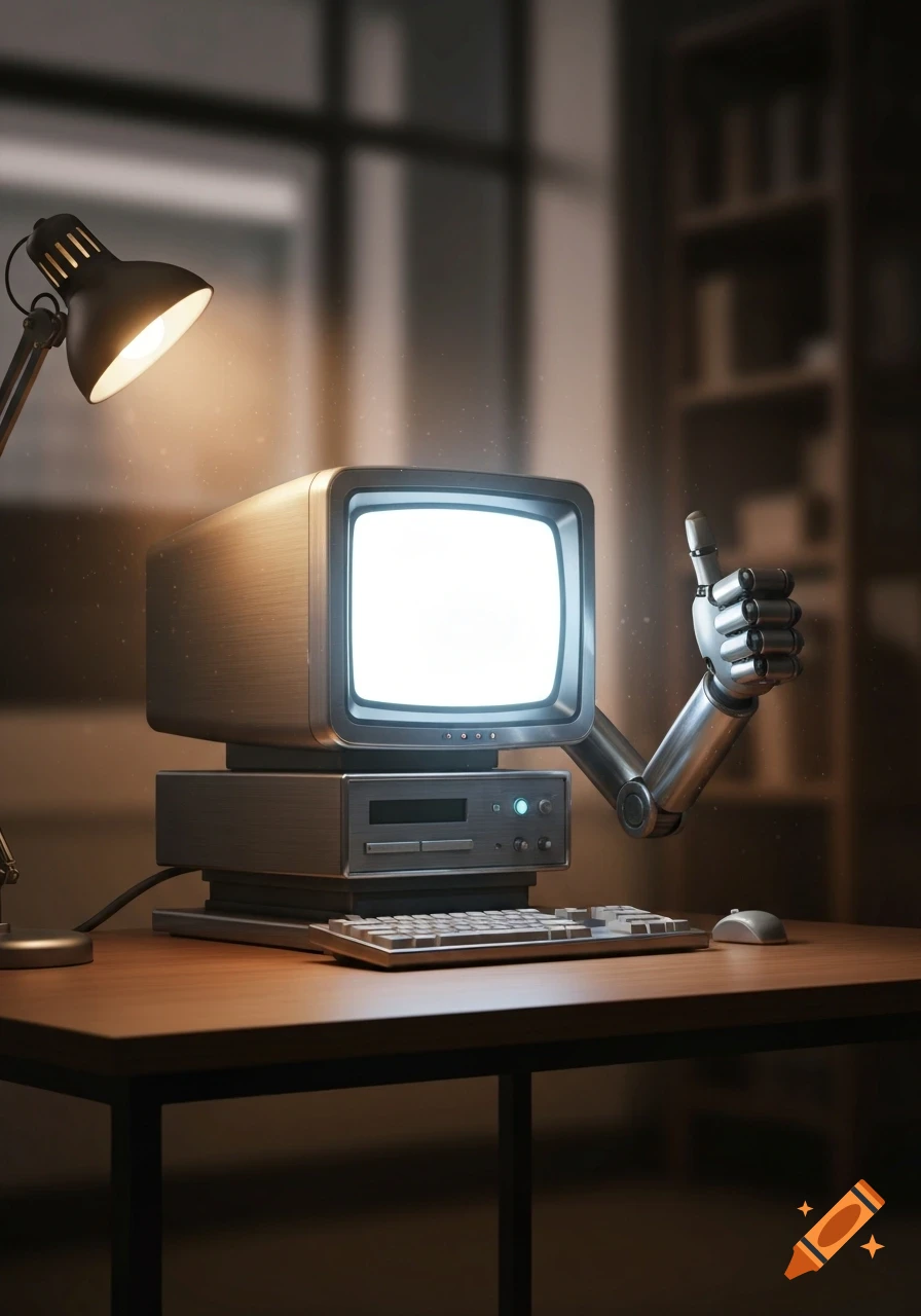 A retro computer with a glowing screen and a robot arm giving a thumbs up on a wooden desk in a dimly lit room, photorealistic.