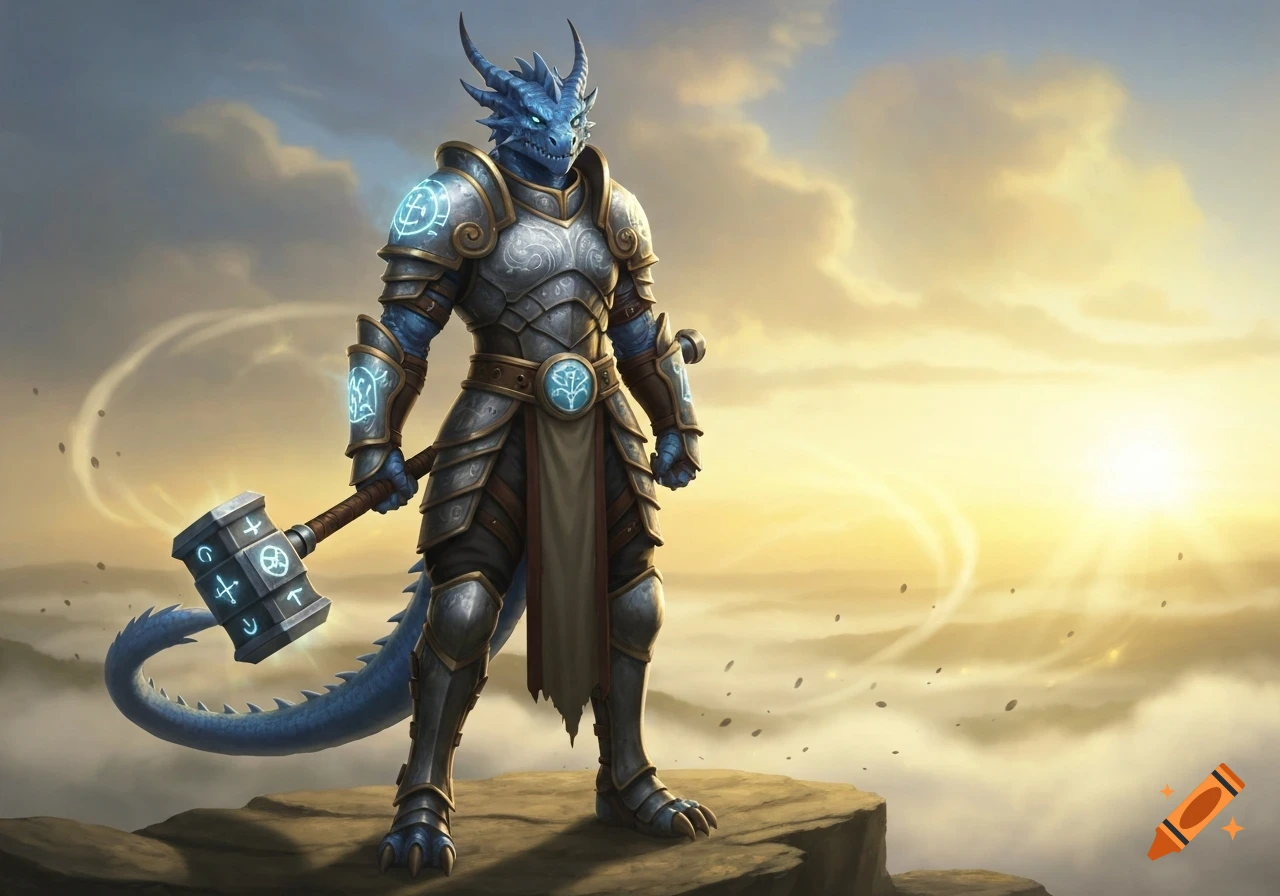 A majestic blue dragonborn cleric in intricate silver armor stands on a rocky cliff, holding a glowing mace as the sun rises over a cloudy horizon.