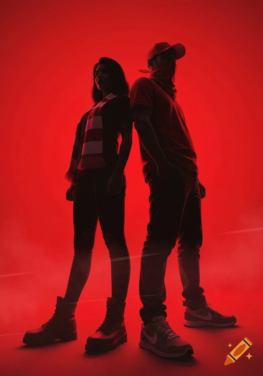 Two football fans in silhouette stand back to back against a vibrant red background. One person wears a striped scarf, the other a cap and face covering.